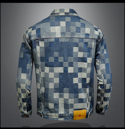 2025 Autumn Vintage Checkered Denim Jacket for Men Flip Collar Single Breasted Casual Business Jacket Social Street Wear Jeans