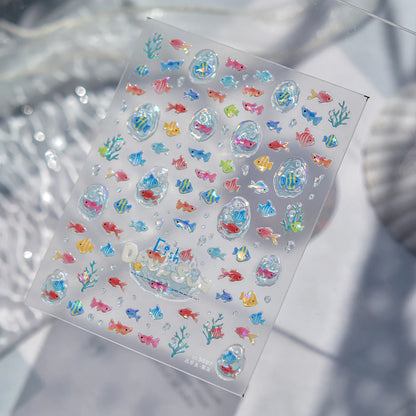 5D Starfish Fish Tail Small Fish Blue Bow Shell Silver Glitter Star Nail Art Stickers Ocean Fantasy Summer Nail Decals Manicure
