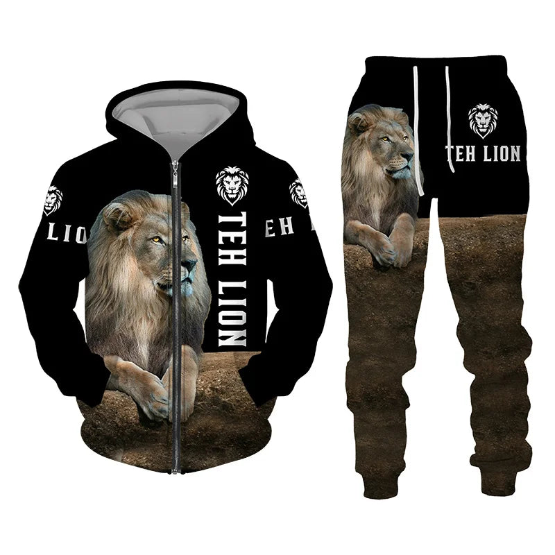 Spring and Autumn Men's Tracksuit 3D The Lion Print Zipper Hoodies Sweatshirts Pants Sets Casual Mens Clothing Women's Tracksuit