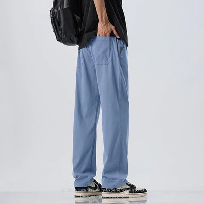 Summer Lyocell Fabric Ultra-thin Trousers Men's Loose Straight Cool Breathable Daily Sports Blue Casual Trousers Fashion Korean