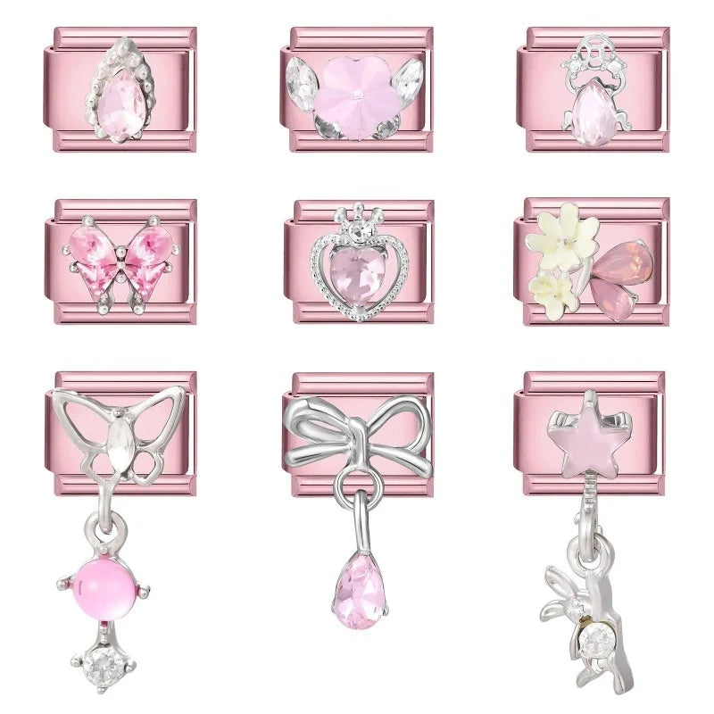 Pink Color Y2K Butterfly Star Bow Rabbit Heart Pendant Italian Charm Links Fit 9mm Stainless Steel Bracelet DIY Making Gifts