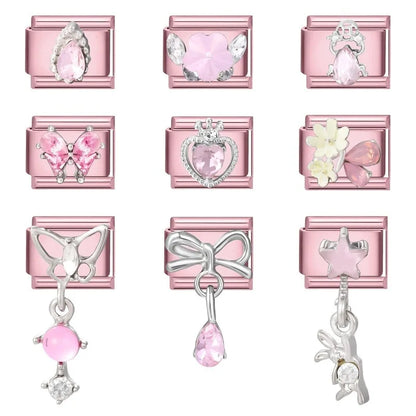 Pink Color Y2K Butterfly Star Bow Rabbit Heart Pendant Italian Charm Links Fit 9mm Stainless Steel Bracelet DIY Making Gifts