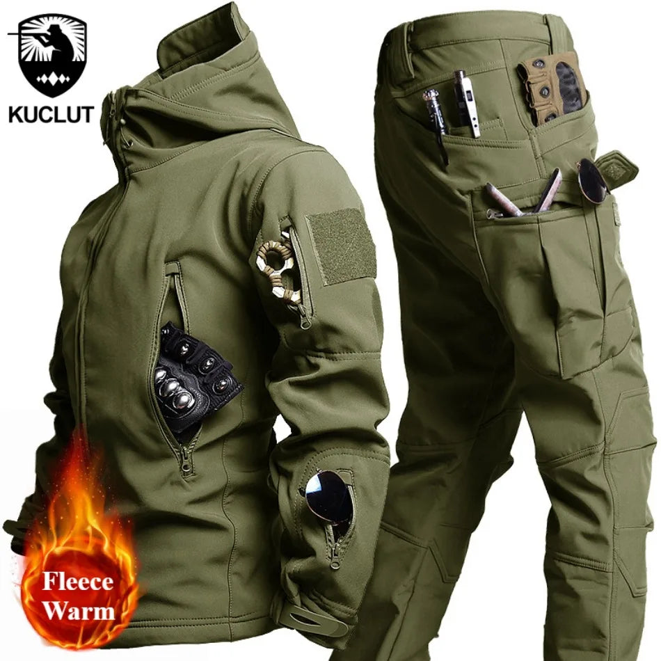 Winter Soft Shell Mens Tactical Set Outdoor Windproof Waterproof Warm Combat Suit Multi Pocket Thickened Camo Hunting Uniform