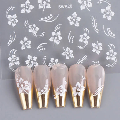 5D Hibiscus Flower Nail Embossed Sticker Acrylic Pink White Gold Petal Leaf Adhesive Decal Butterfly Dragon Floral Elegant Decor