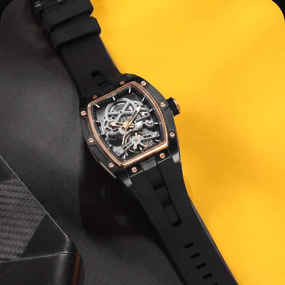 MEGIR Tonneau Skeleton Mechanical Watch Men Sport Wristwatch Silicone Strap Luxury Hollow Dial Male Automatic Mechanical Watches