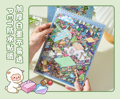 20 Sheets/pack Cute Style Stacked Miniature Scene 3D Cabin Quiet Book Sticker Book Foggy Town Series