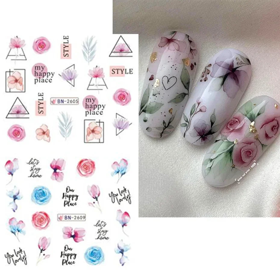 12Spring and Summer Water Transfer Ink Floral Nail Sticker Set Contains Blooming Flowers and Green Leaves Graffiti Slider Nail