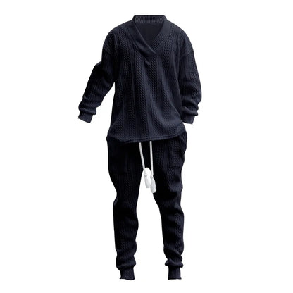 2025 Cross-border New Men's Casual Trousers V-Neck Versatile Jacquard Knitted Sweater Set