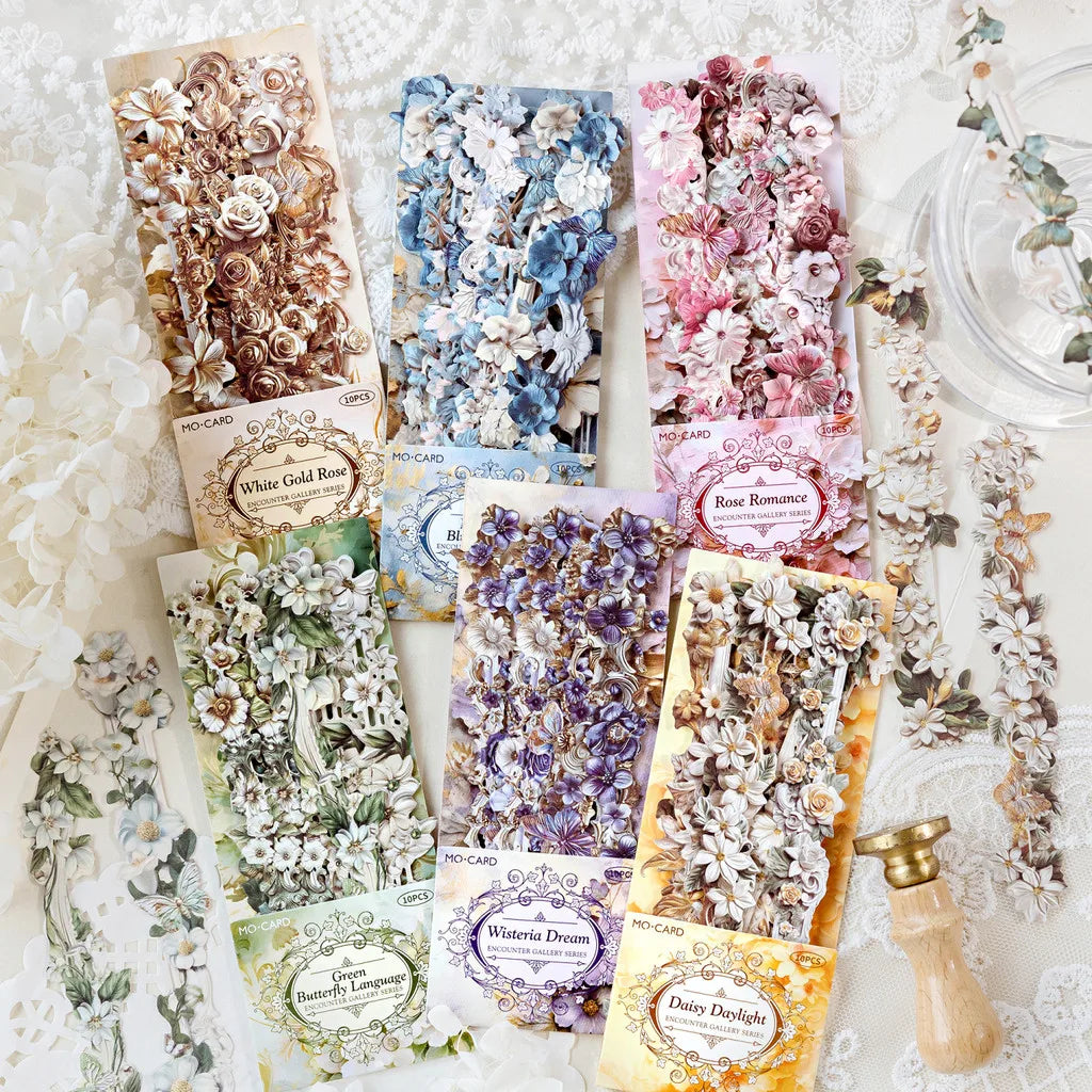 Journamm 10pcs Long Floral Stickers Hollow Relief Craft DIY Scrapbooking Collage Stationery Decor Junk Journal Frame Sticker