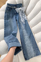 Women Jeans Pants Baggy Jeans Spring Flare Trousers Lace Applique Crystal Wide Leg Pearl Slit Distressed Design