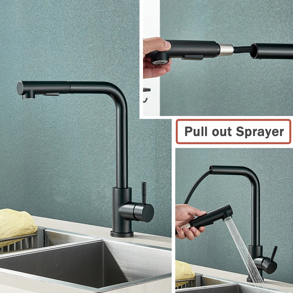 Rozin Flexible Gourmet Kitchen Faucet Black Pull Out 2 Ways Nozzle Faucets 360° Rotation Hot Cold Water Sink Mixer Tap SUS304