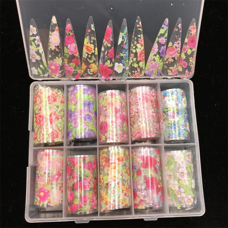 New Flower Nail Foils for Transfer Paper Stickers Floral Adhesive Fruit Nails Wraps Fish DIY Water Marble Nail Art Decorations