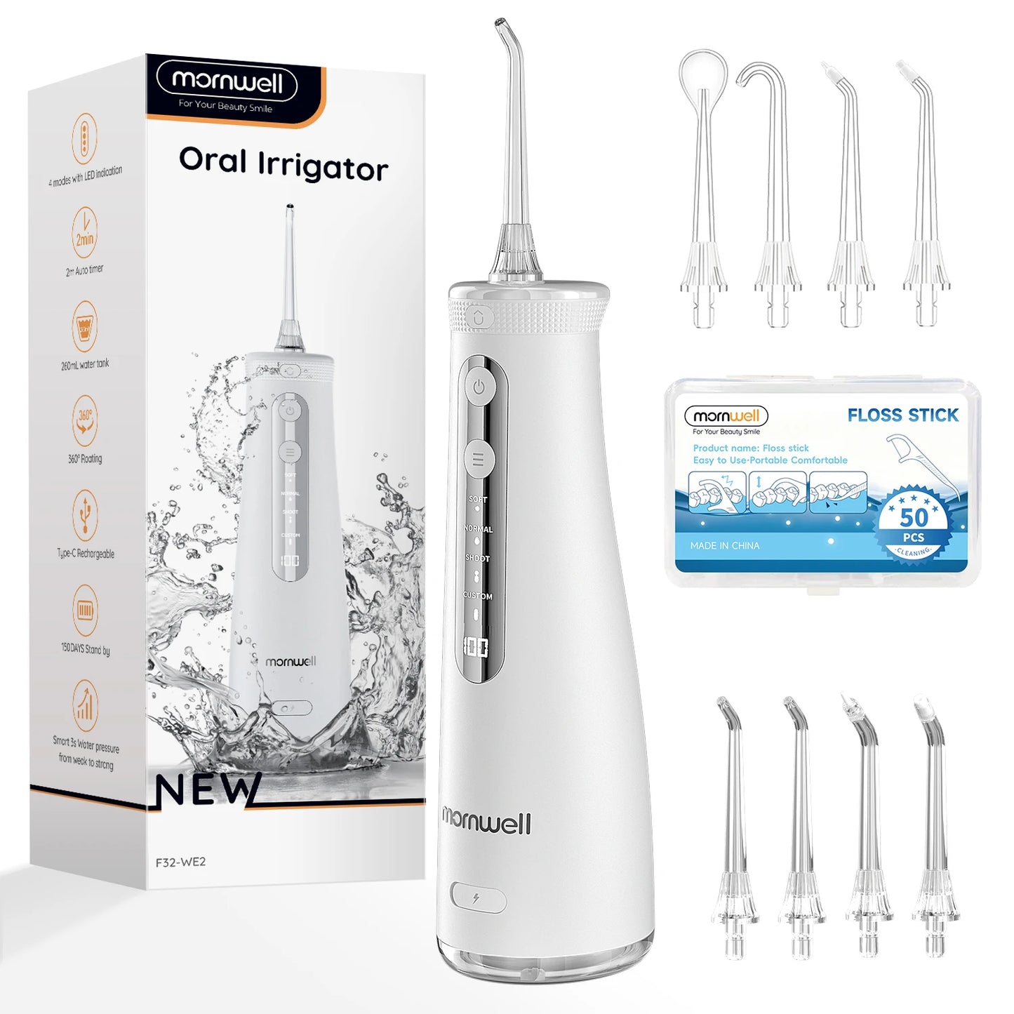 Mornwell F32 Water Floss Oral Teeth Whitening Home Appliance Sonic Water Flosser 260ML Tank Teeth Cleaner Oral Water Jet
