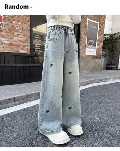 New 4-14 Years Spring Autumn Teenage Girls Jeans Full Print Bow Embroidery Fashion Wide-leg Denim Pants For Kids