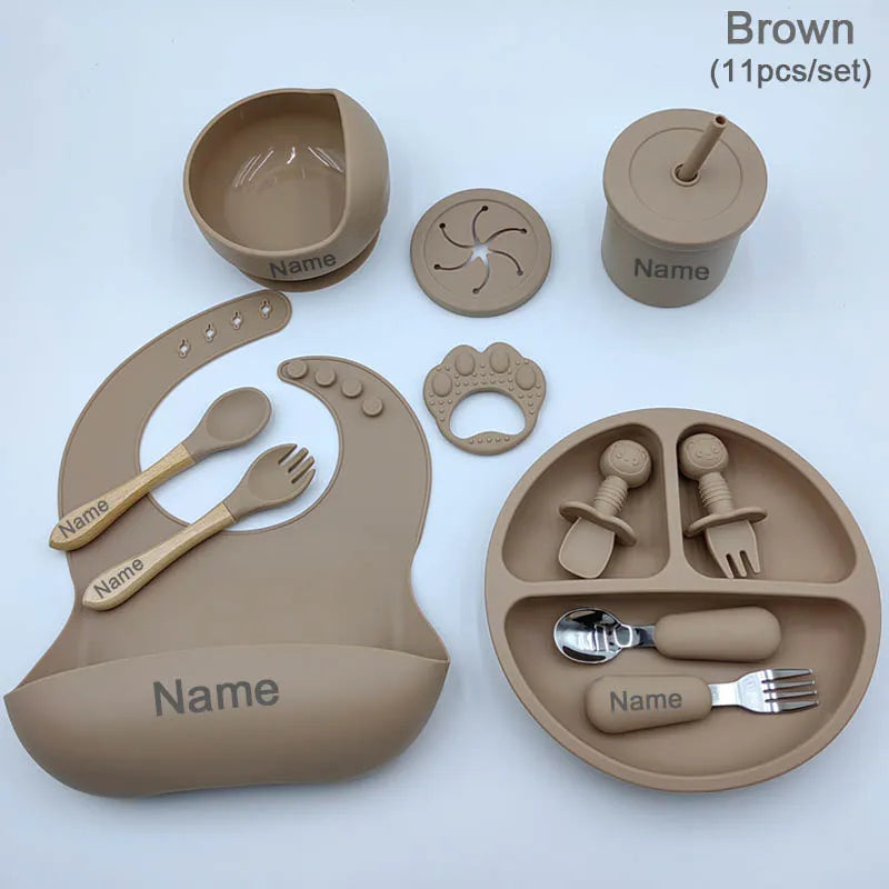 11Pcs Silicone Feeding Sets For Baby Personalized Name Children's Tableware Suction Cup Plates Bowl Spoon Feeding Cups BPA Free