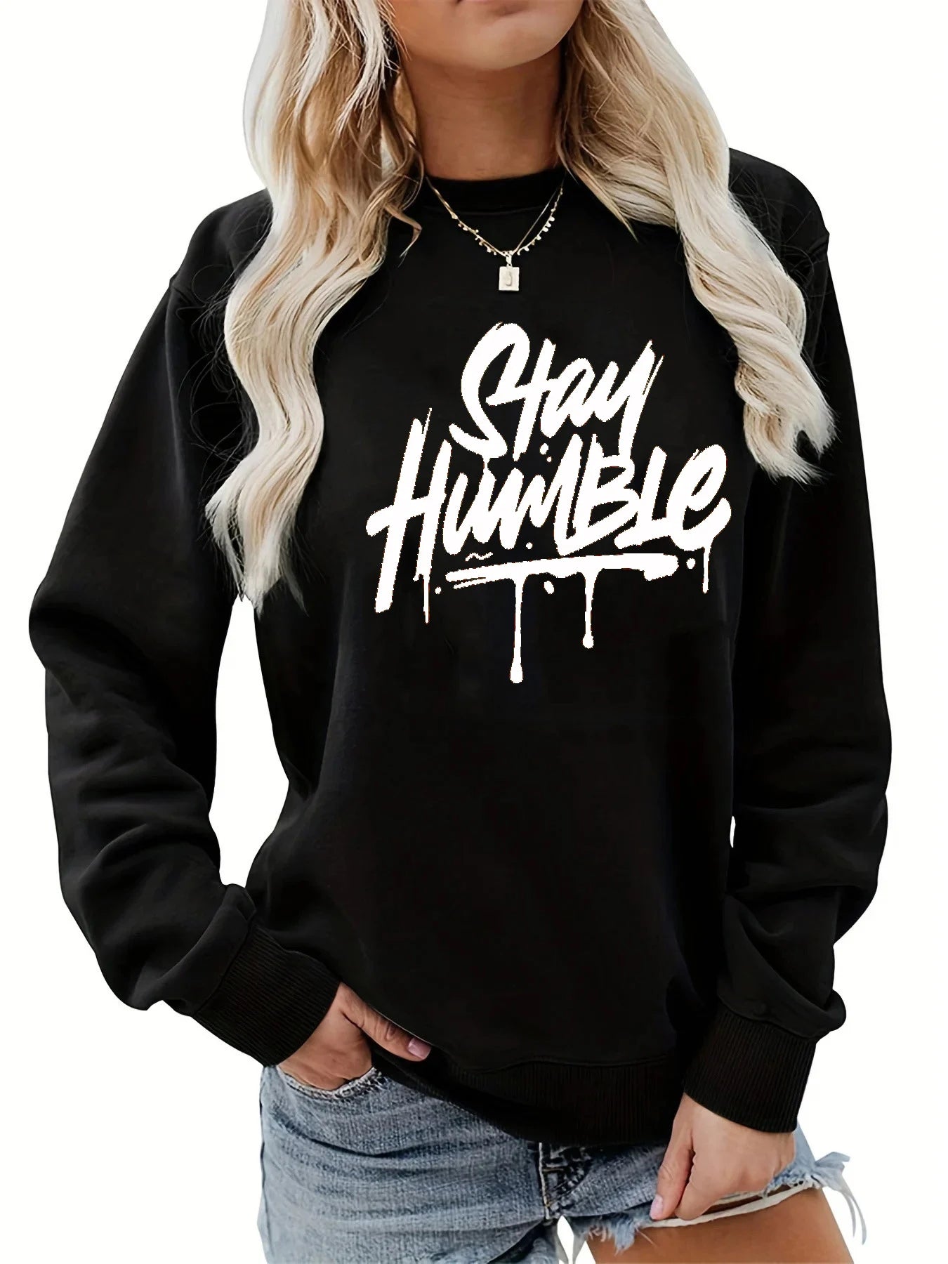 Women's autumn and winter casual fashion loose comfortable warm Stay Humble printed round neck long sleeved pullover