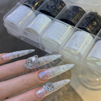 10 Rolls/Box New Black&White Lace Nail Transfer Stickers Sexy Lace Flower Full Wraps Nail Decals DIY French Manicure Decorations