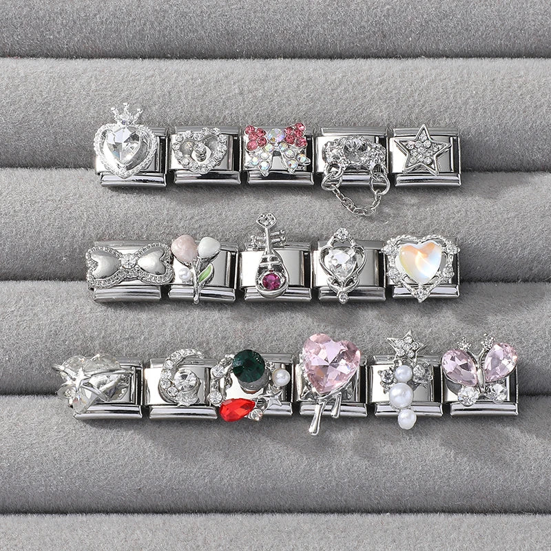 Zircon Pearl Heart Bow Candy Flower Butterfly Italian Charm Links Fit 9mm Stainless Steel Bracelet Personalized DIY Making Gifts