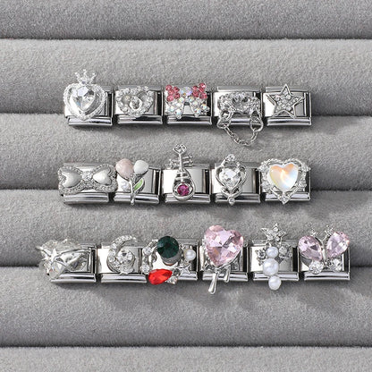 Zircon Pearl Heart Bow Candy Flower Butterfly Italian Charm Links Fit 9mm Stainless Steel Bracelet Personalized DIY Making Gifts