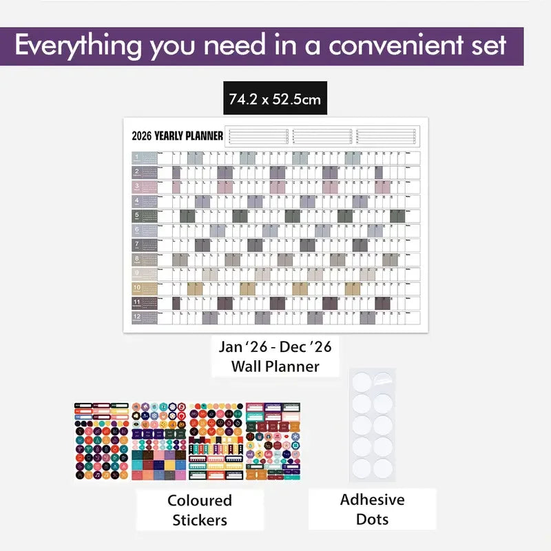 2026 Wall Calendar Planner - Full Year View Calendar 2026, Year Wall Planner 2026 with stickers and Double-Sided Round Stick
