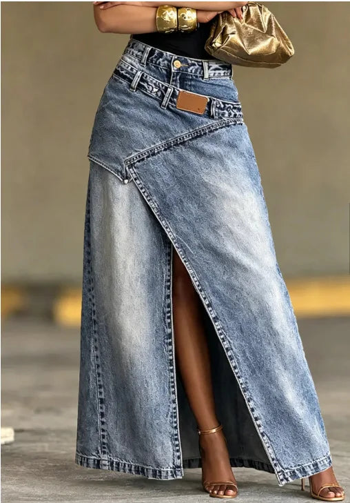 Fashion Distressed Wash Retro Denim Maxi Skirt Women's High Waist Asymmetric Wrap Front Slit Decor Stitching Long Jean Skirt New