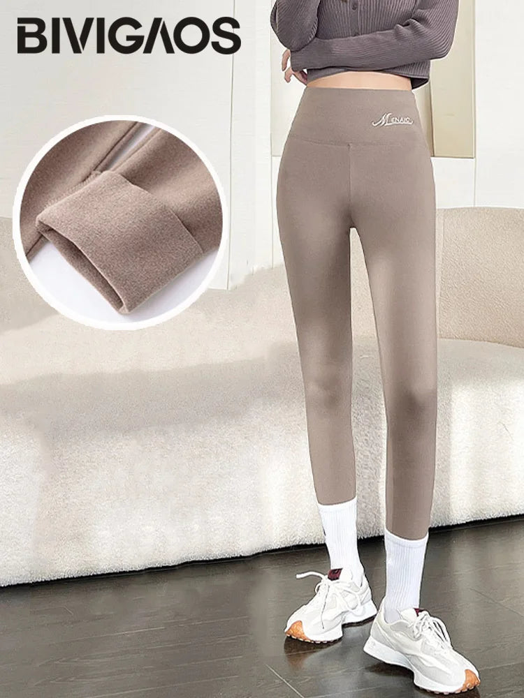 BIVIGAOS Women's Autumn Winter High Waist DE Velvet Leggings Thick Spontaneous Hot Warm Leggings Slim Elastic Leggings