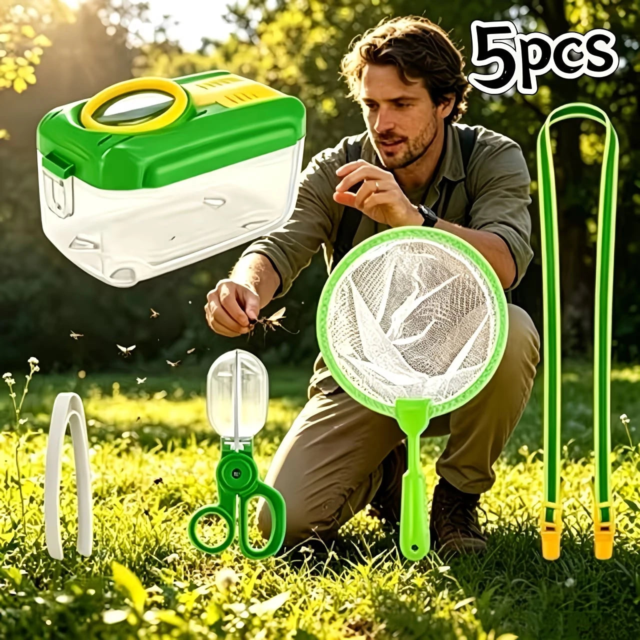 Outdoor Insect Observation Set, 5-Piece Set, Insect Collection and Observation Box with Magnifying Glass, Insect Catching Net, Insect Catching Scissors, Tweezers, Portable Lanyard, Natural Science Exploration, Outdoor Learnin