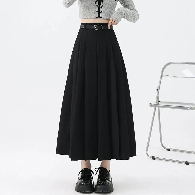 2026 New Women's Pleated Maxi Skirts Autumn High Waisted Zipper Jk Long Skirt Woman Elegant Loose Design Big Swing A-Line Skirts
