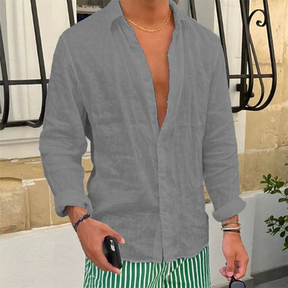 Spring Autumn Men's Cotton Linen Shirt Casual Long Sleeve Solid Color Slim Fit Lapel Basic Style Breathable Button Tops