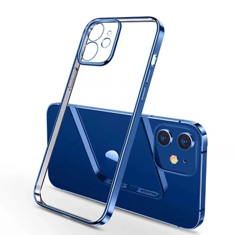 Luxury Plating Square Frame Silicone Transparent Case on For iPhone 11 12 13 14 15 Pro Max X XR XS Max 7 Plus Clear Back Cover