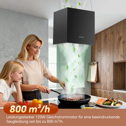 Salos gaubtas 700/800m³/h, A+ energija, 5 sluoksnių filtras, LED, be ortakių, juodas, CE, mygtukas