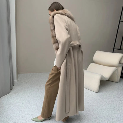 CNEGOVIK Natural Fox Fur Winter Cashmere Wool Coat Women Fur Coat Women Luxury Real Fur Warm Winter Jackets Cashmere Fur Jacket