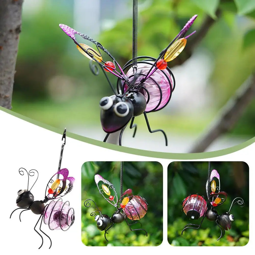 Metal Solar Bees Lantern Garden Decor LED Hanging Dragonfly Bees Solar Light Garden Sculptures For Patio Yard Outdoor Decoration