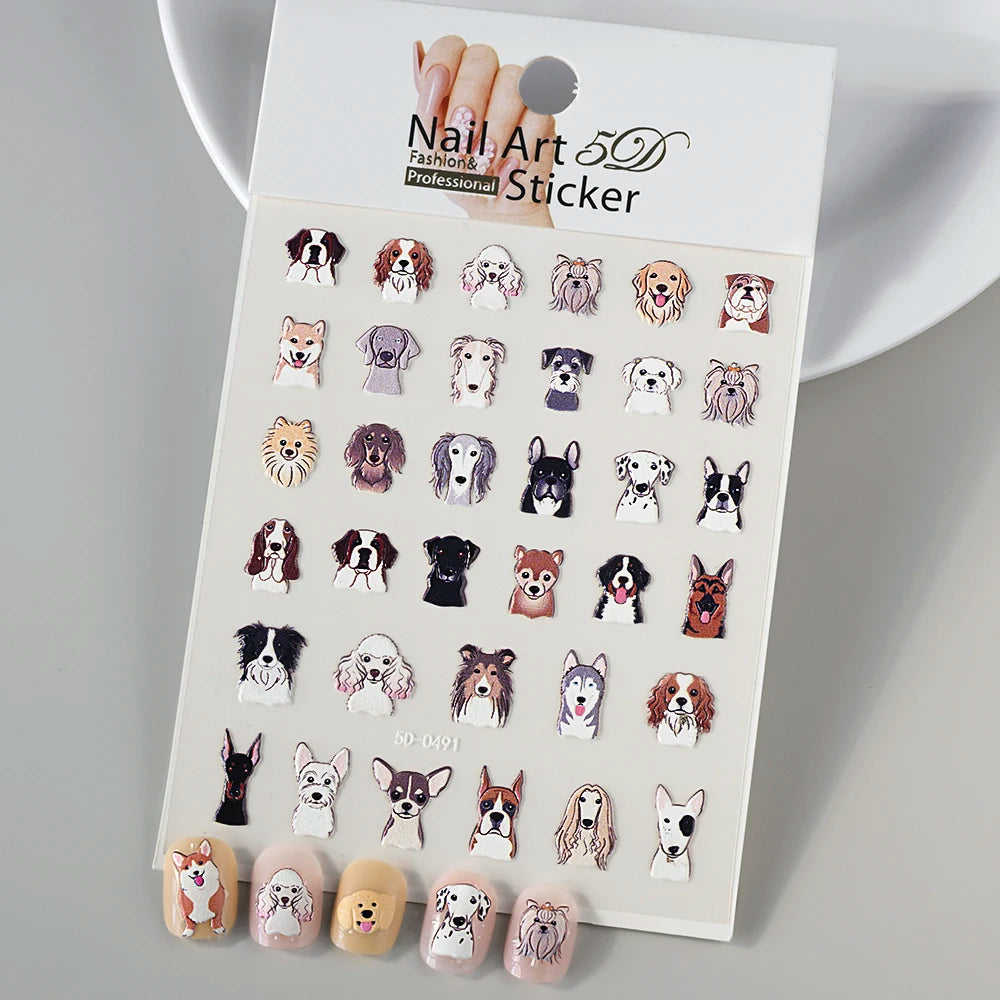 1PC 5D Macaron Flower/Fruit Nail Charms Sticker Embossed Bear/Rabbit/Letter Nails Slider Decals Summer Adhesive Manicure Decor&Y