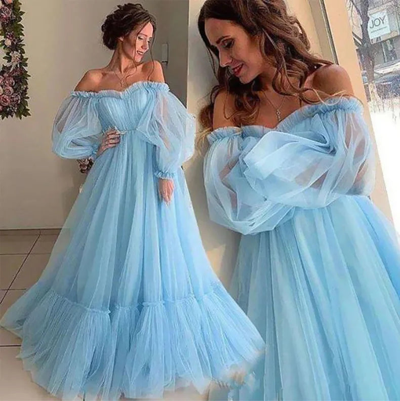 Sexy Deep V-neck Tulle Maternity Dresses Lace Hollow Horn Long-sleeved Feather Trailing Dress Photo Photography Props Vestidos