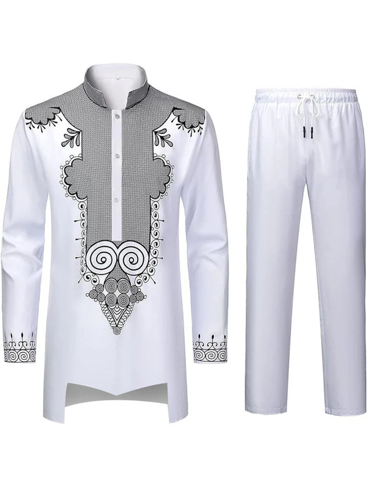 Muslim Robe Pattern Printing Black White Yellow Navy Blue Long-Sleeved Trousers The Traditional Dress of Arab Men 3D