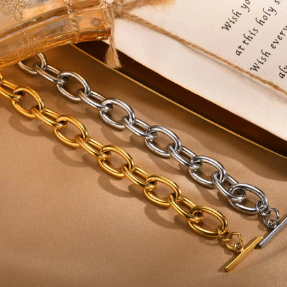 Chunky Bold Toggle Bracelets for Women, Stainless Steel OT Buckle Link Chain Bracelet Gold Plated Tarnish Free