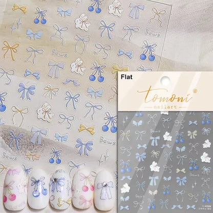 1pcs 5D Diamond Japanese White Lace Bow Nail Art Stickers Pearl Rhinestones Nail Decoration Adhesive Decals Slider DIY Accessory