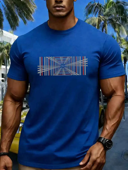 Summer men's 100% pure cotton casual fashionable loose retro compass mountain pattern printed round neck short sleeved T-shirt