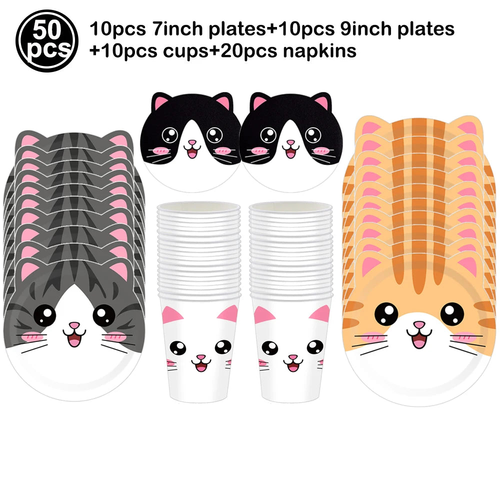 Cat Party Paper Plates Cups Napkins Party Supplies Cat Face Happy Birthday Banner Tablecloth for Cat Themed Birthday Party Decor