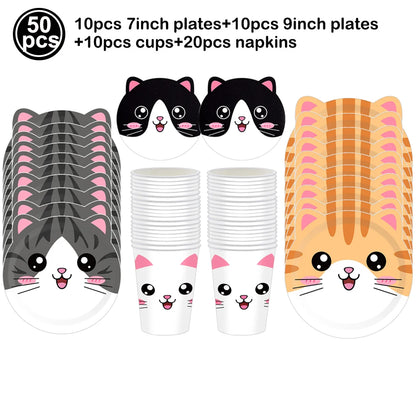 Cat Party Paper Plates Cups Napkins Party Supplies Cat Face Happy Birthday Banner Tablecloth for Cat Themed Birthday Party Decor