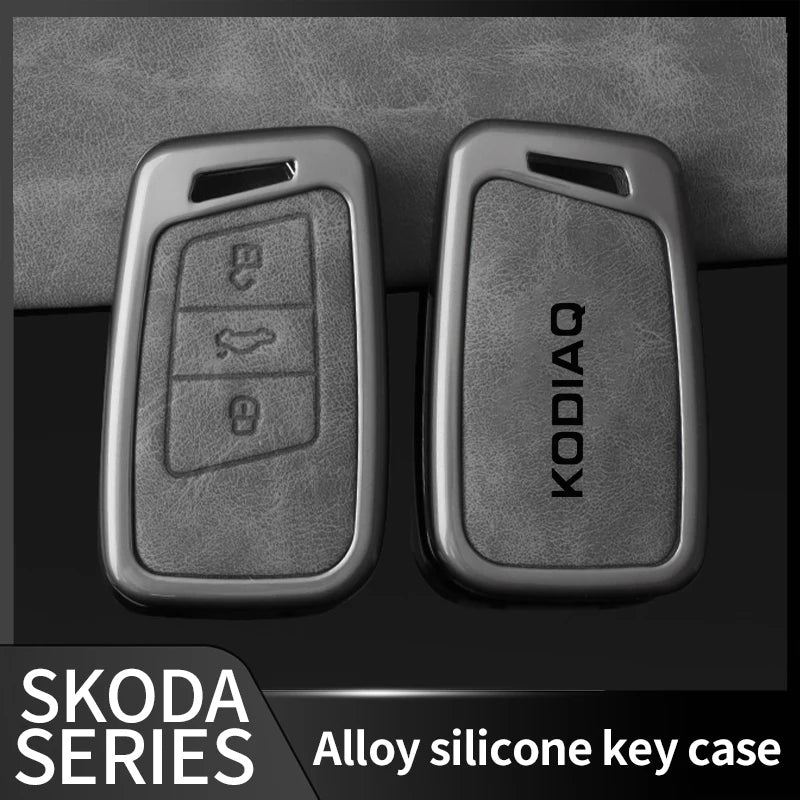 Leather Car Key Case Cover Shell Holder for Skoda Kodiaq Remote Control Key Cover Metal Housing Keyless Protector Accessories