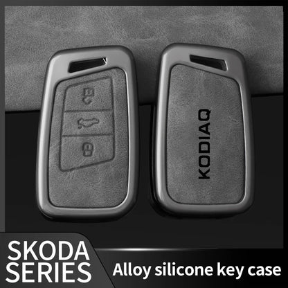 Leather Car Key Case Cover Shell Holder for Skoda Kodiaq Remote Control Key Cover Metal Housing Keyless Protector Accessories