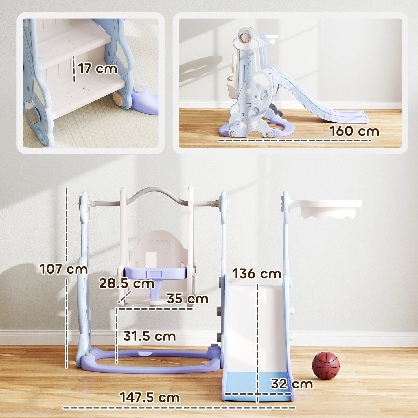 4-in-1 children’s play set with a slide, swing, climbing wall, and hoop, 147.5x160x107 cm, light blue