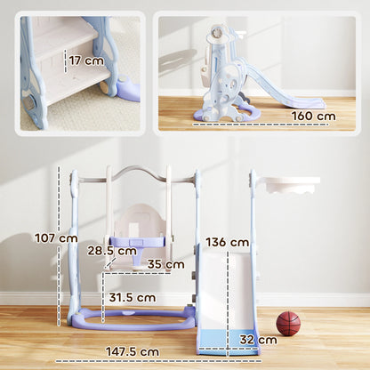 4-in-1 children’s play set with a slide, swing, climbing wall, and hoop, 147.5x160x107 cm, light blue