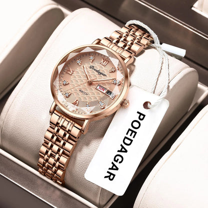 POEDAGAR Watch Women New Fashion Luxury Stainless Steel Wristwatch Bracelet Simple Rose Gold Waterproof Luminous Ladies Watches