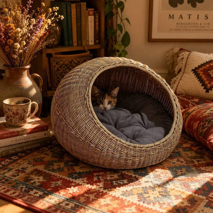 Handwoven Elevated Cat Bed with Soft Cushion & Egg Chair Shape Basket Bed Kitty House with Stand Raised Wicker House for Cats