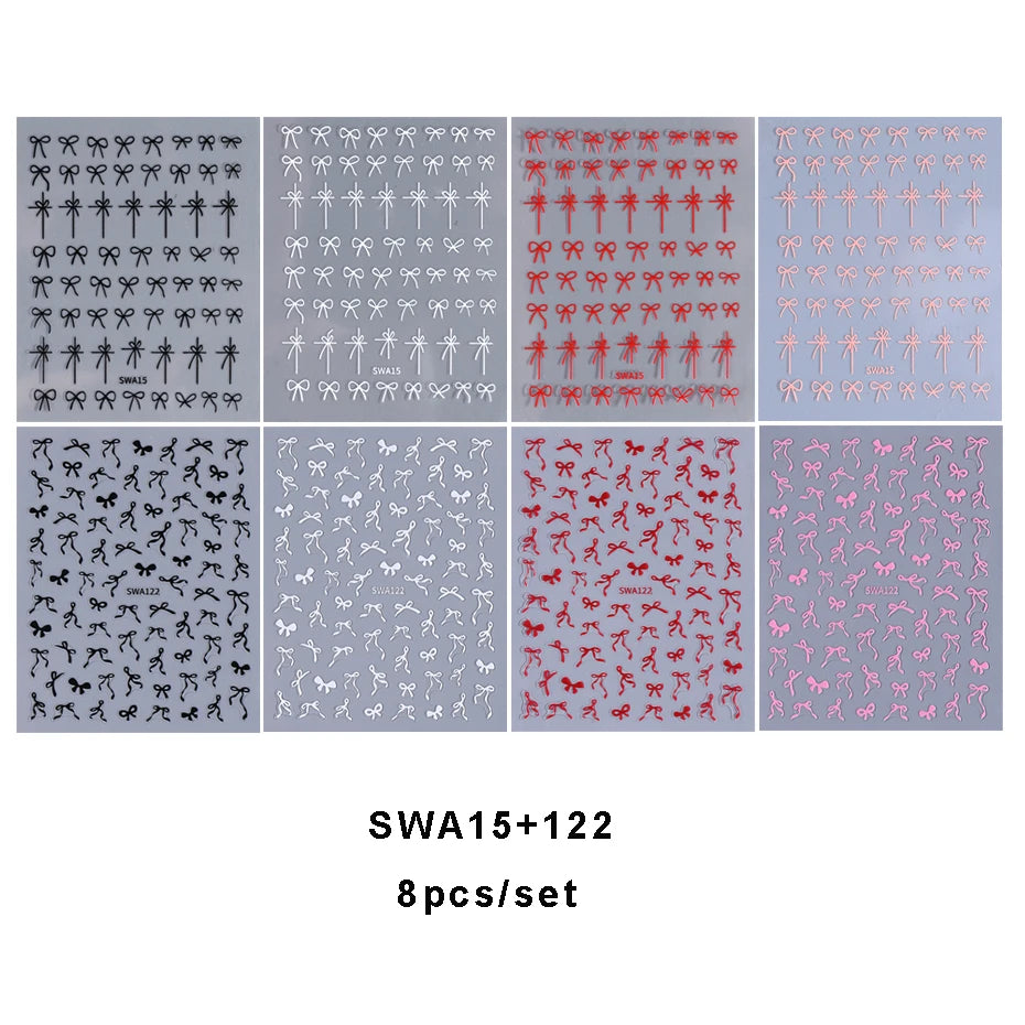 4/8pcs Bowknot Ribbon Nail Stickers Mini Kawaii Lace Bow Tie Design Self-Adhesive Nail Art Decals DIY Manicure Supplies Decor