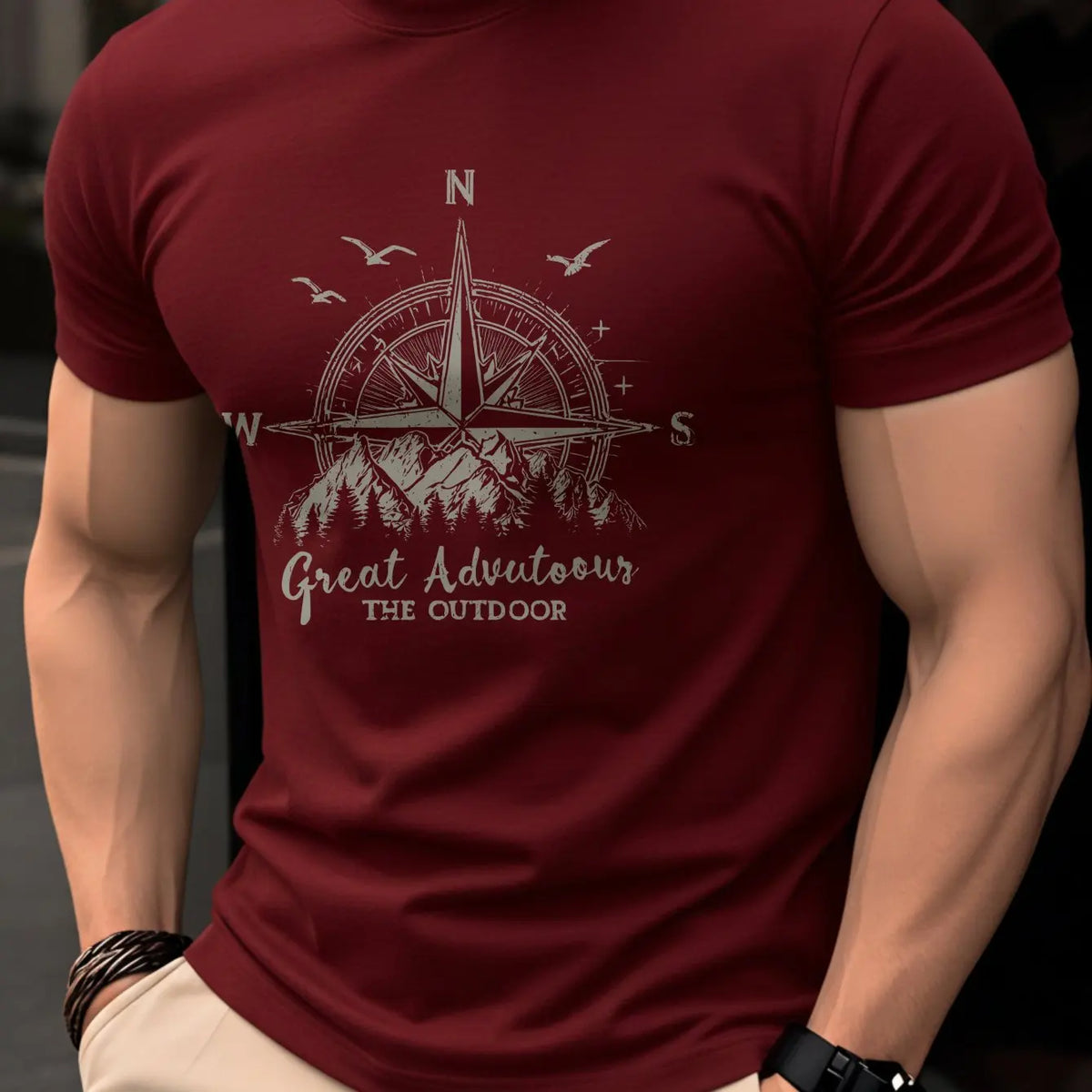 Summer men's 100% pure cotton casual fashionable loose retro compass mountain pattern printed round neck short sleeved T-shirt