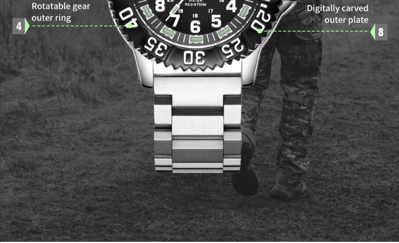 Addies Dive Men Fashion Casual Watch Calendar Display 50m Waterproof Tube Luminous Watch Black Dial Rotating Bezel Quartz Watch